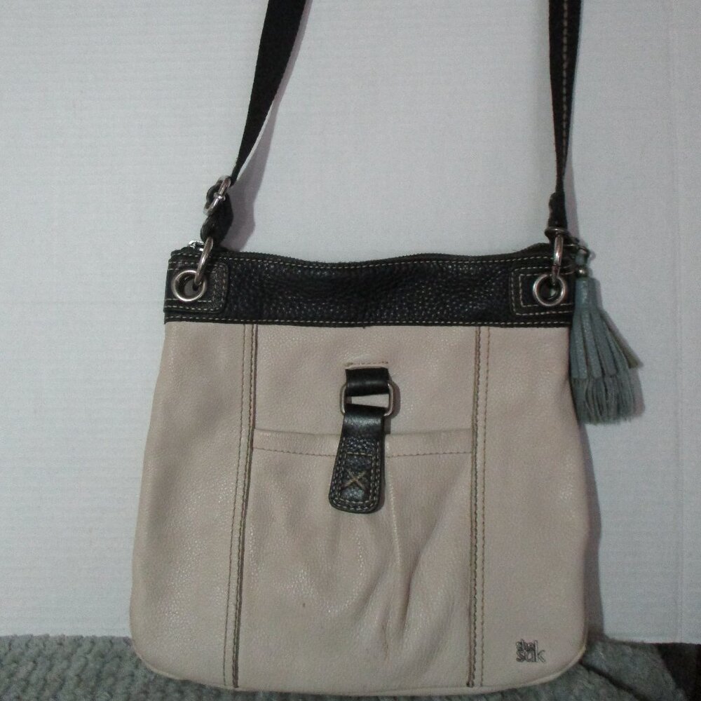 The Sak Light Tan or Cream and Brown Crossbody Leather Purse with Pockets